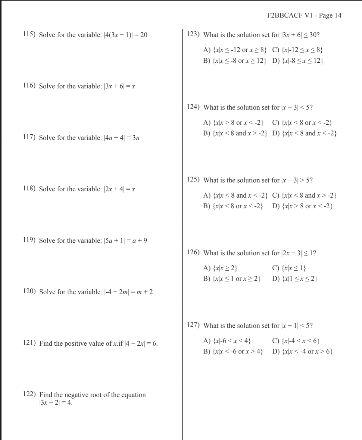  F2BBCACF V1 - Page 14 115) Solve for the variable: |4(3x