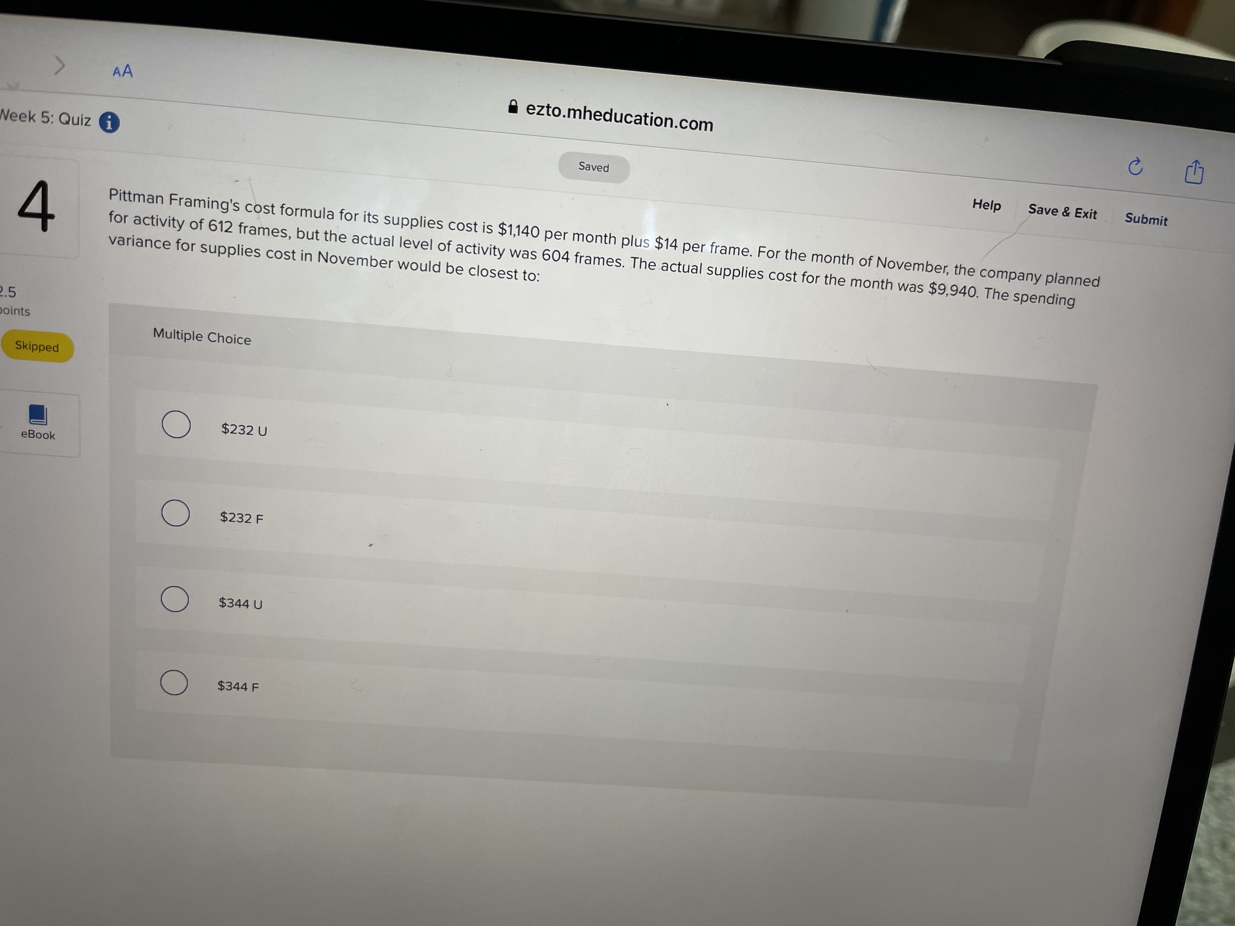  AA ezto.mheducation.com C Week 5: Quiz i Saved Help Save &