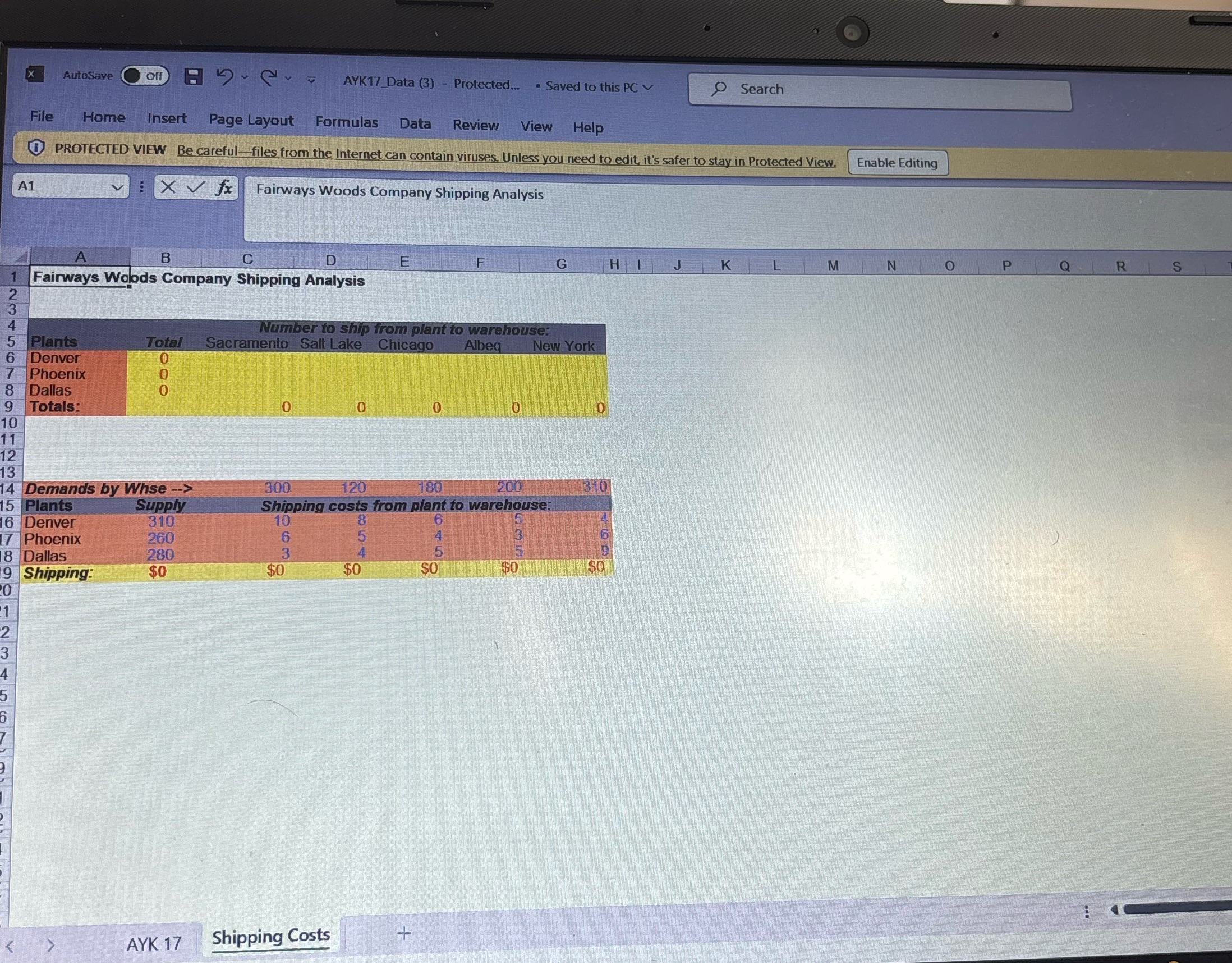 Shipping costsInput boxes in tanOutput boxes in yellowGiven data in blueAnswers in