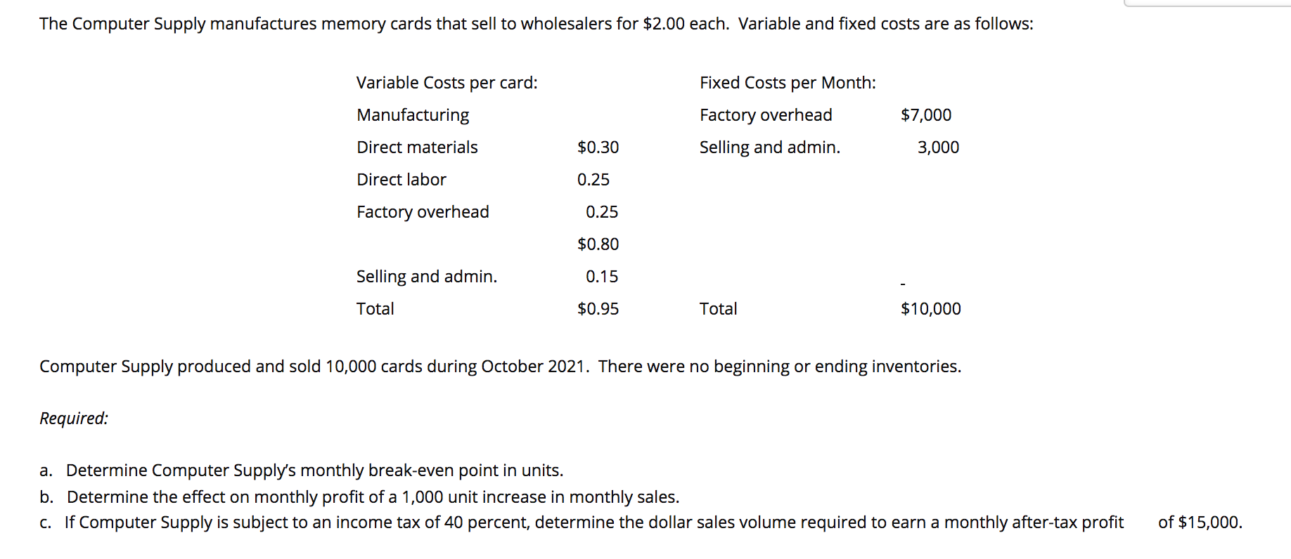 Please label a,b,c The Computer Supply manufactures memory cards that sell to