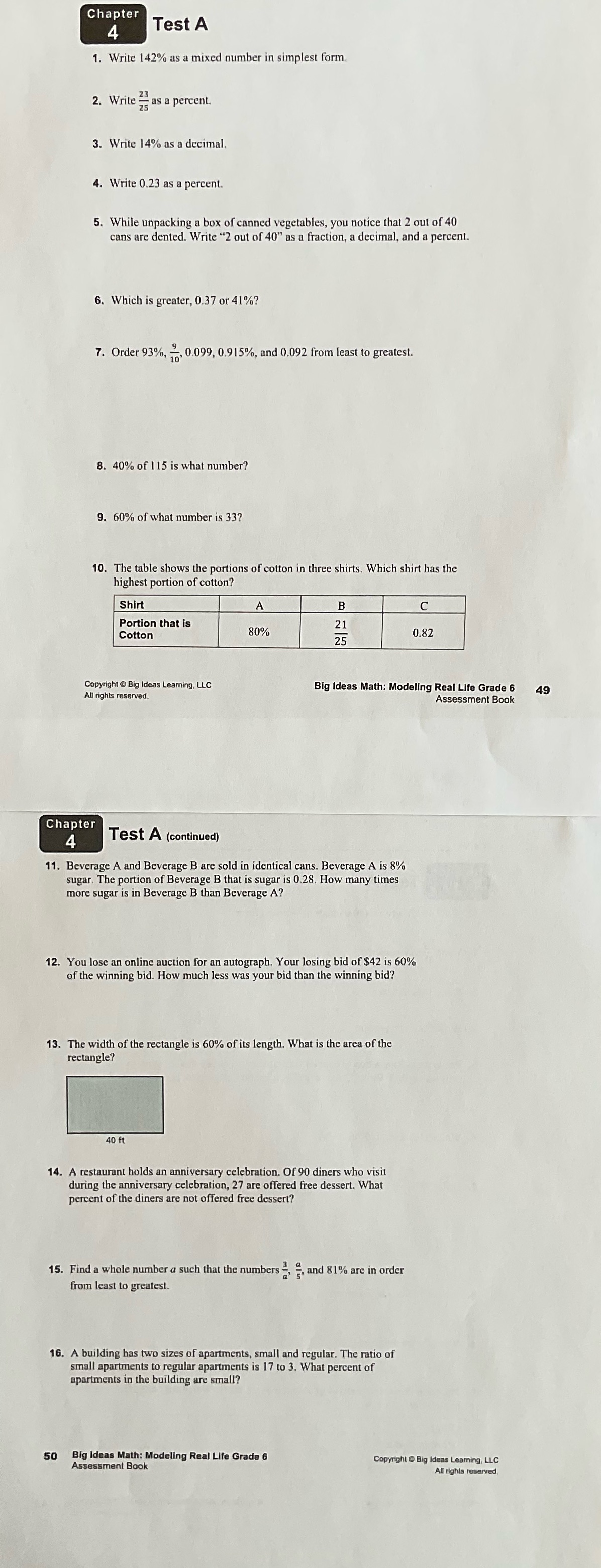  Chapter Test A 1. Write 142% as a mixed number in