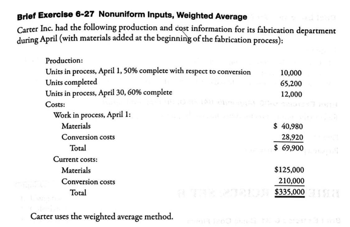 Brief Exercise 6-27 Nonuniform Inputs, Weighted Average Carter Inc. had the following