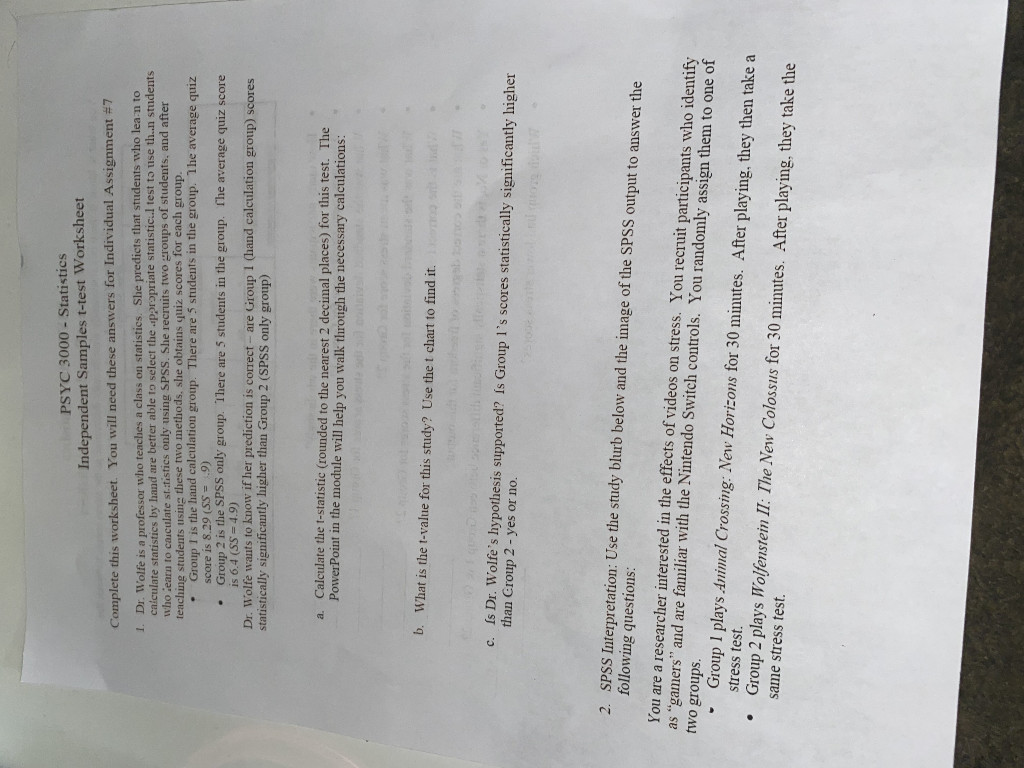  PSYC 3000 - Statistics Independent Samples t-test Worksheet Complete this worksheet.