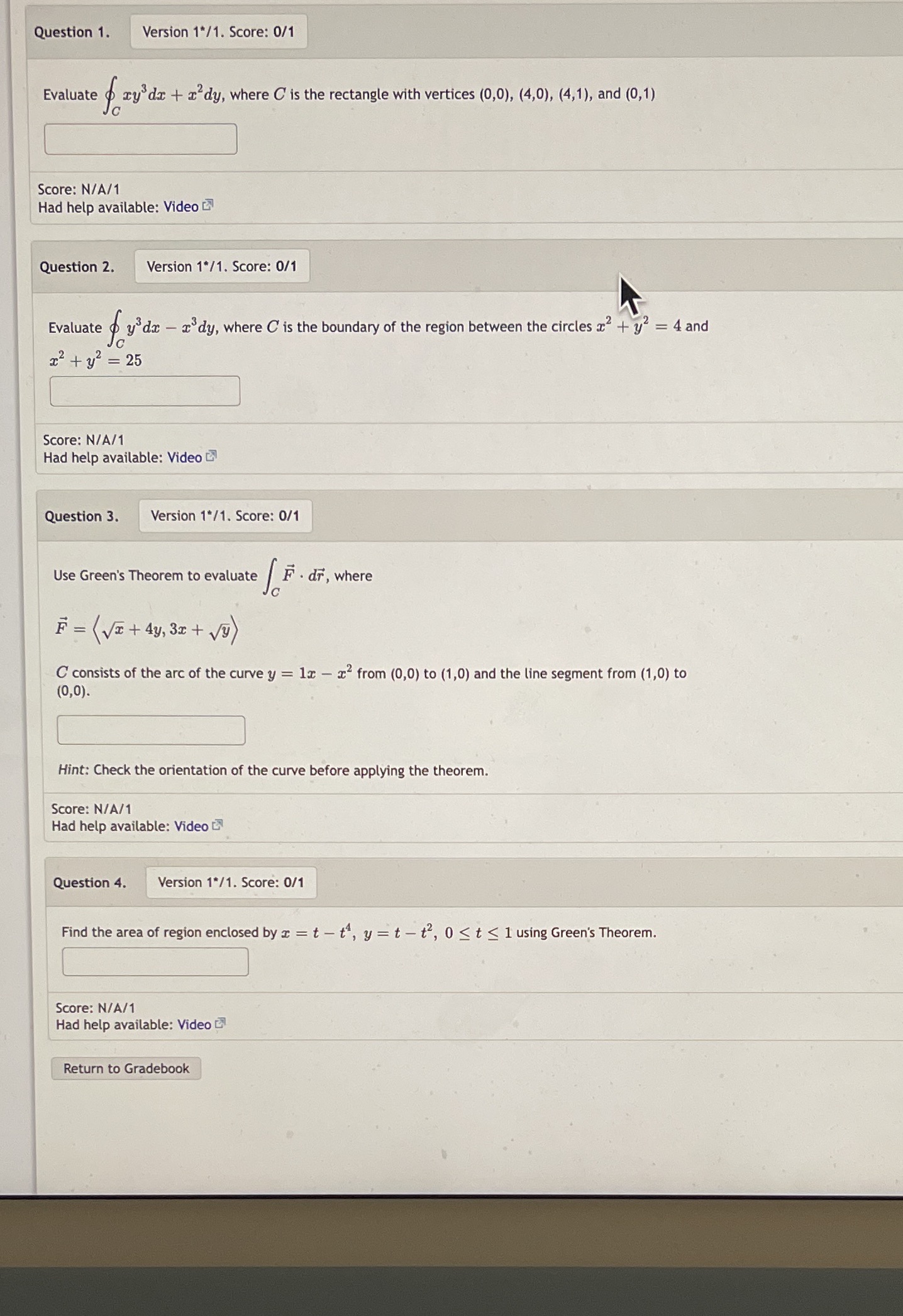Please help me!! Question 1. Version 1*/1. Score: 0/1 Evaluate o ry'dx