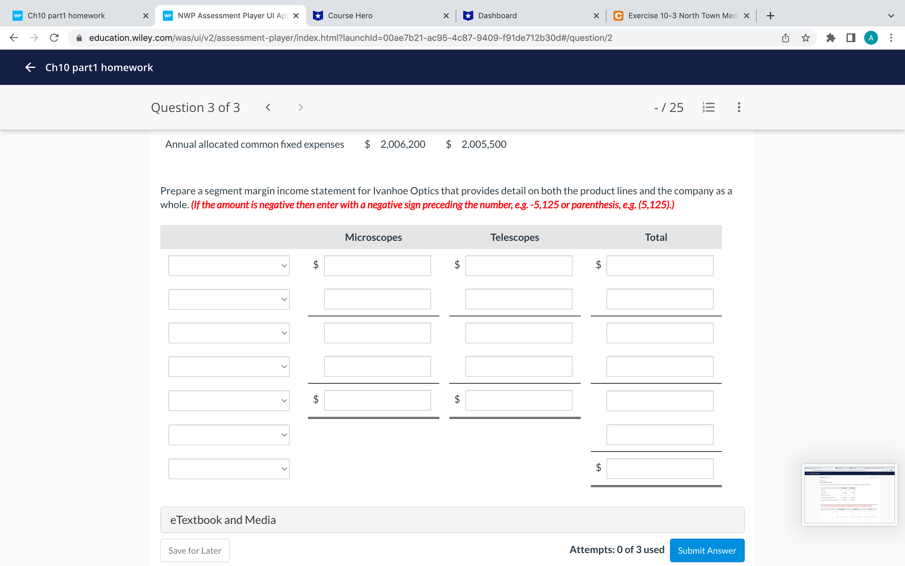 X Course Hero * *Dashboard C Exercise 10-3 North Town Med X