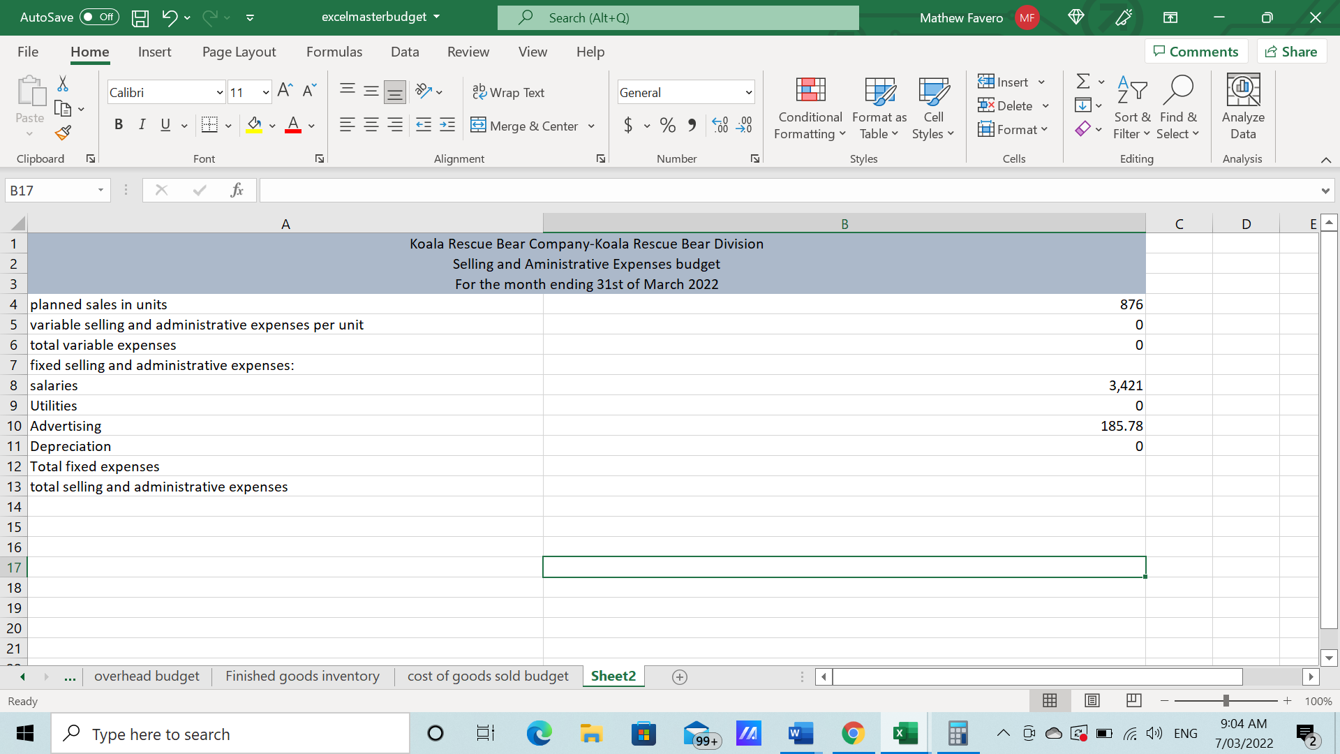 hello i am preparing a master budget for uni and im currently
