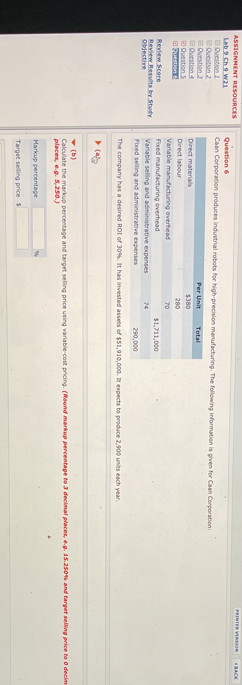 Please help in this using variable cost pricing PRINTER VERSION 1 BACK