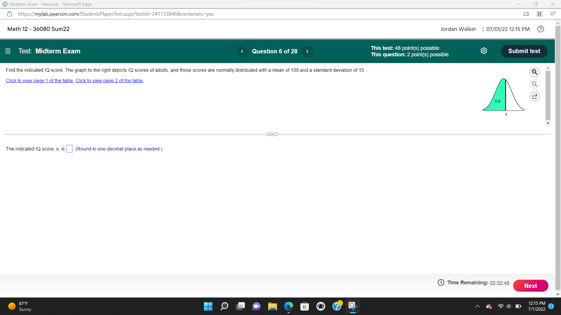  Midterm Exam - Personal - Microsoft Edge X https://mylab.pearson.com/Student/PlayerTest.aspx?testld=241733846&centerwin=yes A Math