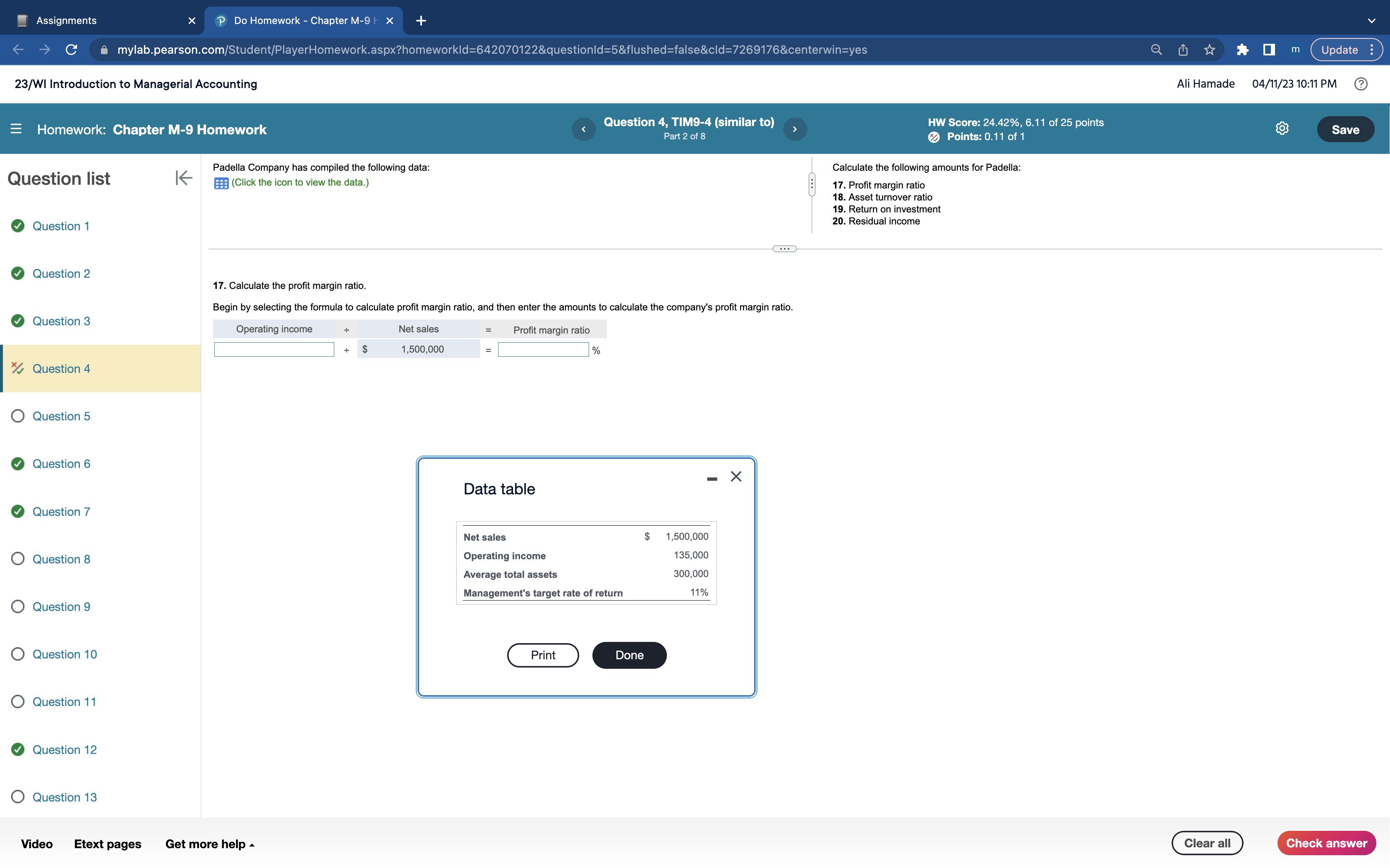 Assignments X P Do Homework - Chapter M-9 C ^ mylab.pearson.com/Student/PlayerHomework.aspx?homeworkld=642070122&questionld=5&flushed=false&cld=7269176¢erwin=yes