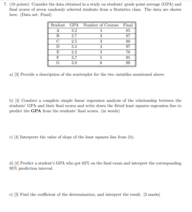 7 repostt 7. (18 points) Consider the data obtained in a study