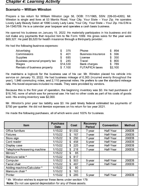  Chapter 4: Learning Activity Scenario - William Winston Prepare a tax