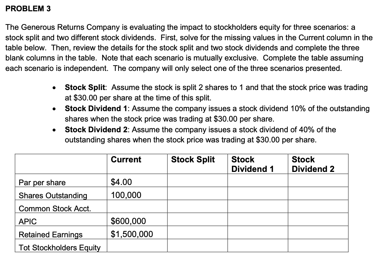 PROBLEM 3 The Generous Returns Company is evaluating the impact to