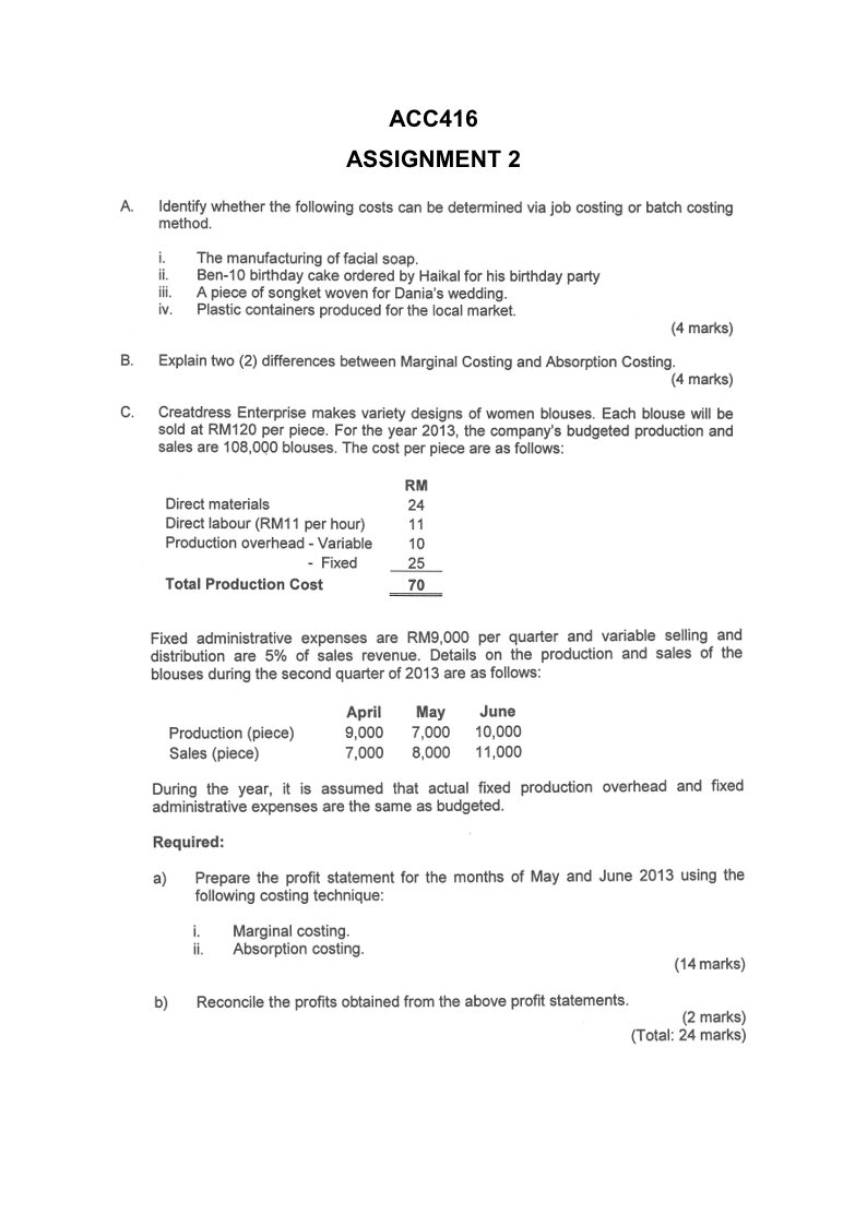 please answer all question. ACC416 ASSIGNMENT 2 A. Identify whether the following