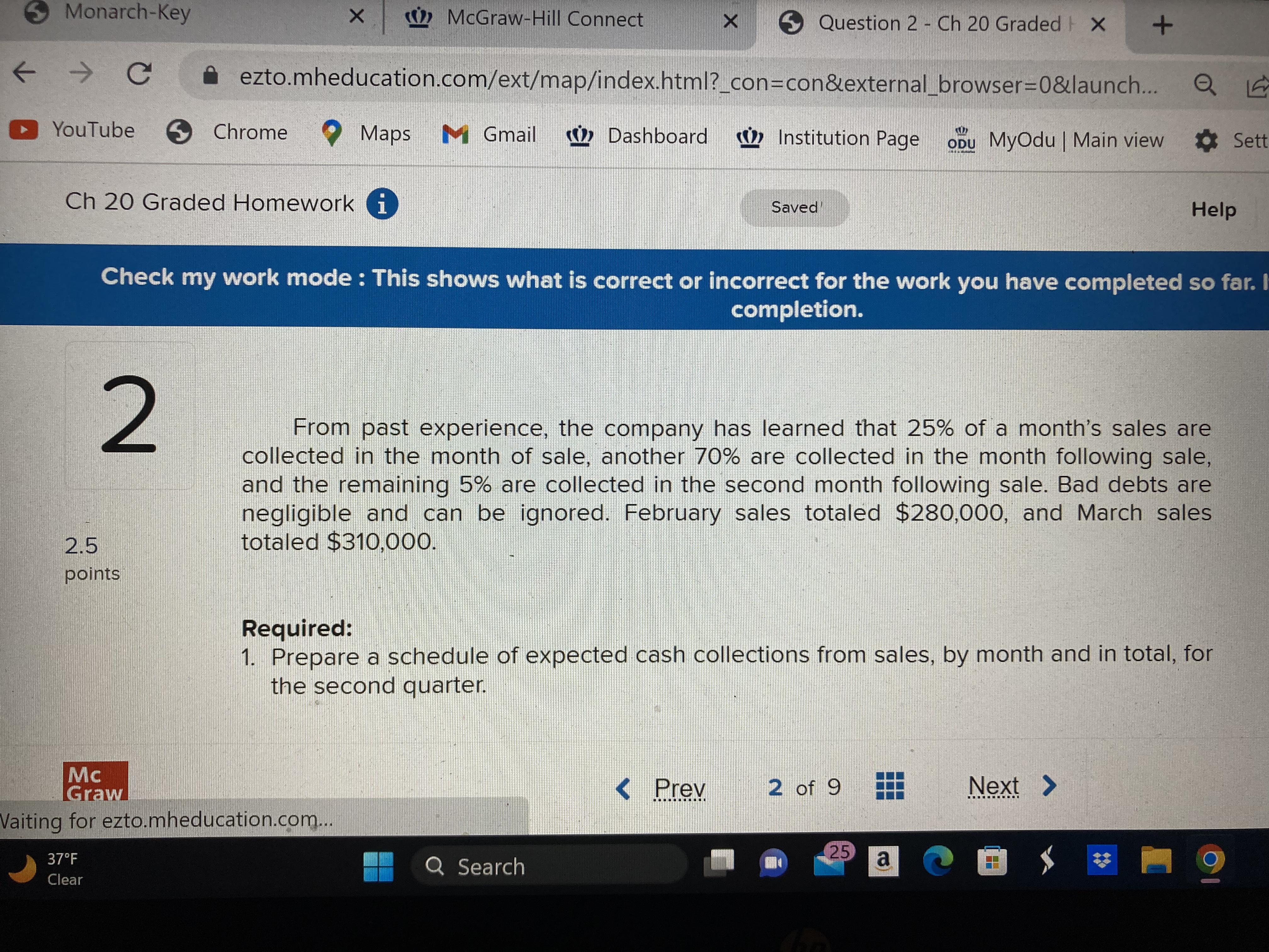 opu MyOdu | Main view Settings Ch 20 Graded Homework i Saved'
