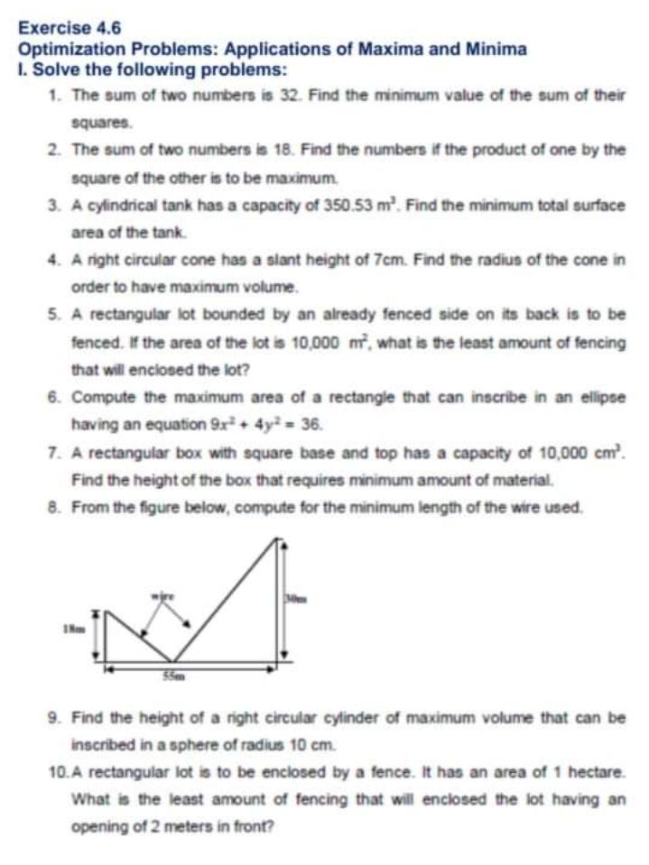 SHOW YOUR SOLUTION. Exercise 4.6 Optimization Problems: Applications of Maxima and Minima