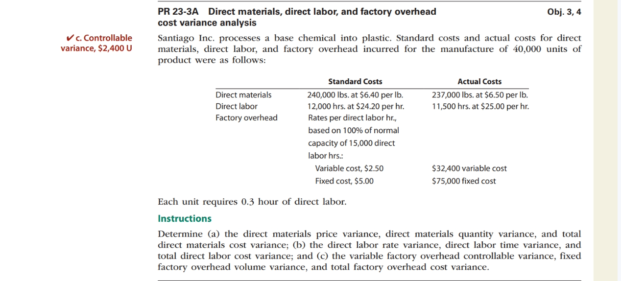  1/ c. Controllable variance, $2,400 U PR 23-3A Direct materials. direct
