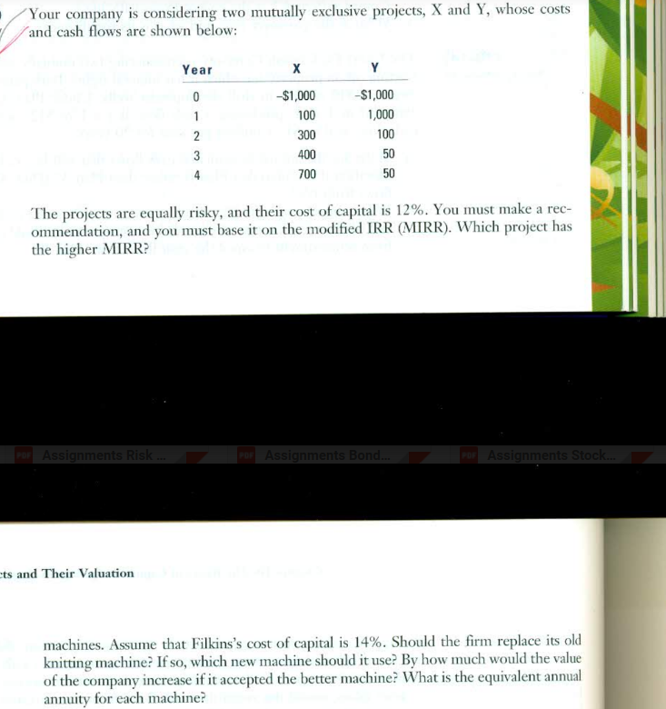 Your company is considering two mutually exclusive projects, X and Y,