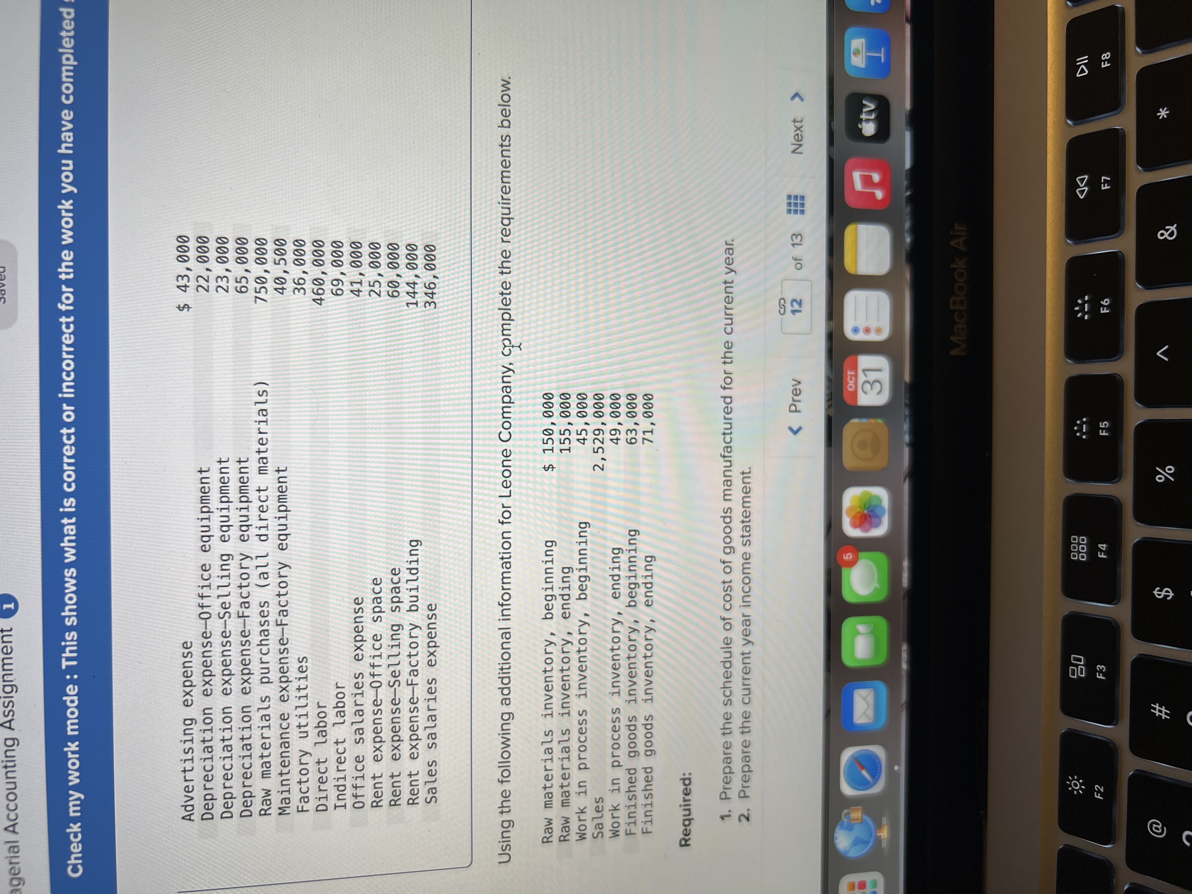  gerial Accounting Assignment 1 Check my work mode : This shows