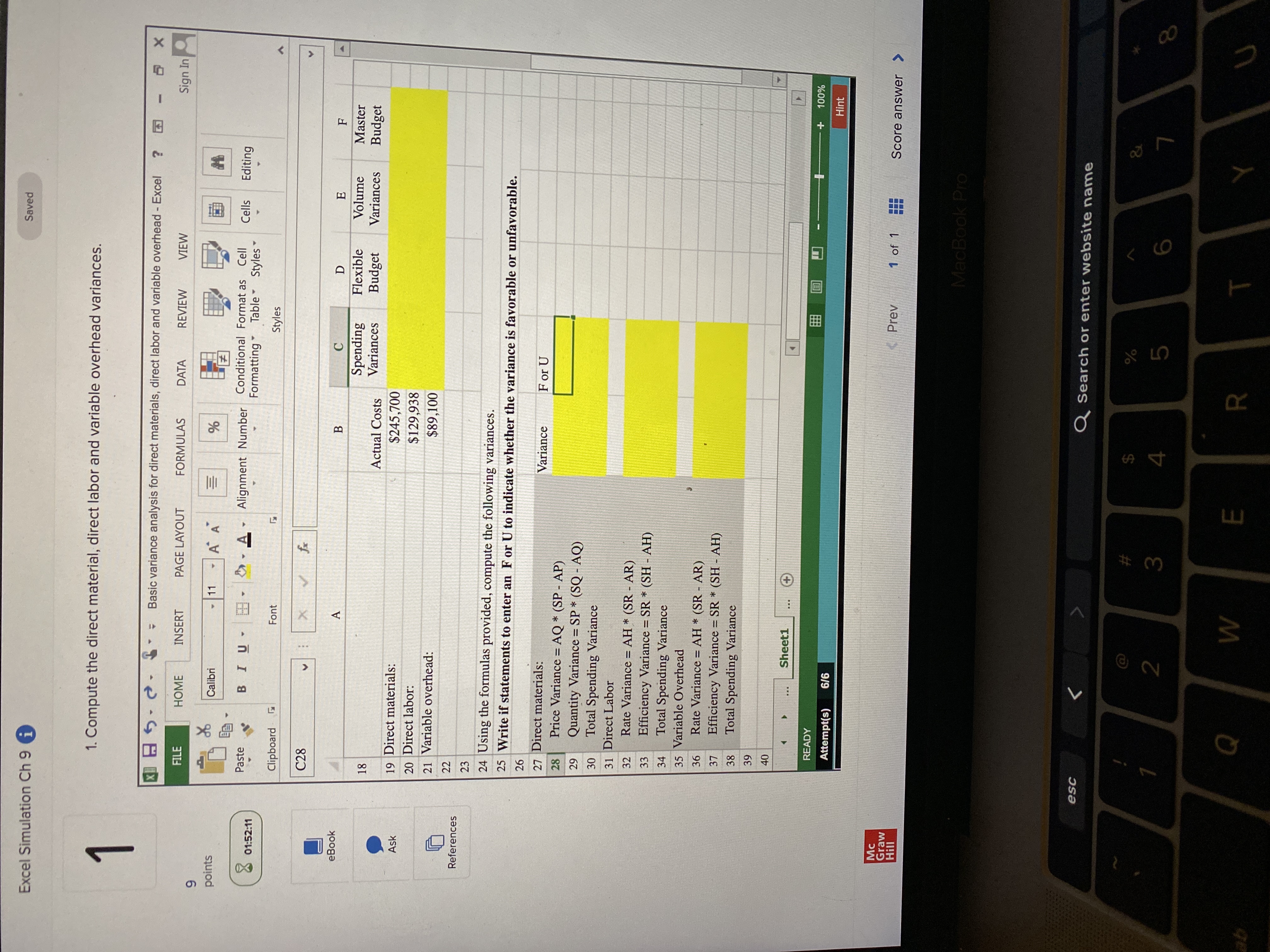 direct labor and variable overhead variances. X H 5 . . .