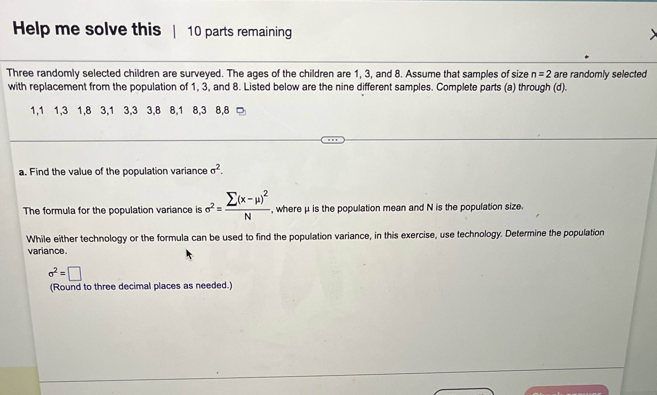 Help me solve this | 10 parts remaining Three randomly selected