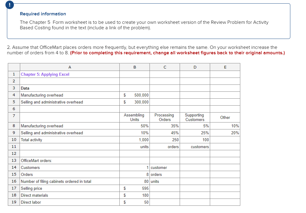 Required information The Chapter 5 Form worksheet is to be used