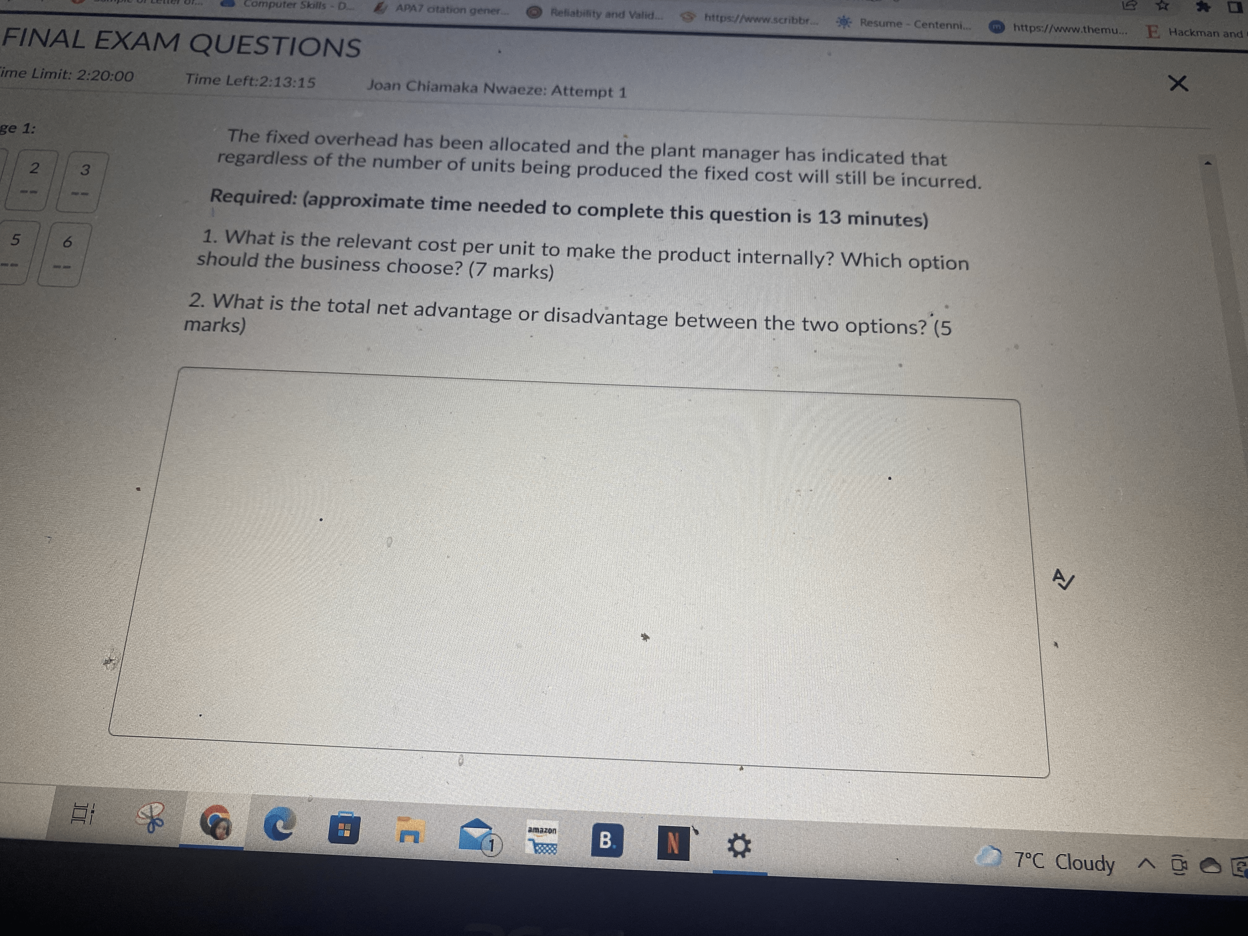 EXAM QUESTIONS X Time Limit: 2:20:00 Time Left:2:13:35 Joan Chiamaka Nwaeze: Attempt