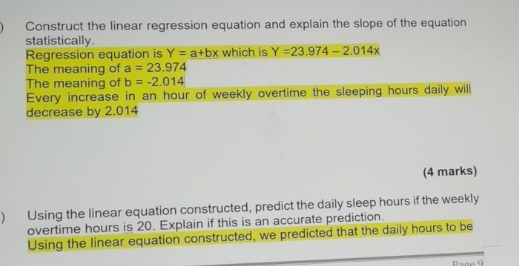 refer picture help me answer 4(e) Construct the linear regression equation and
