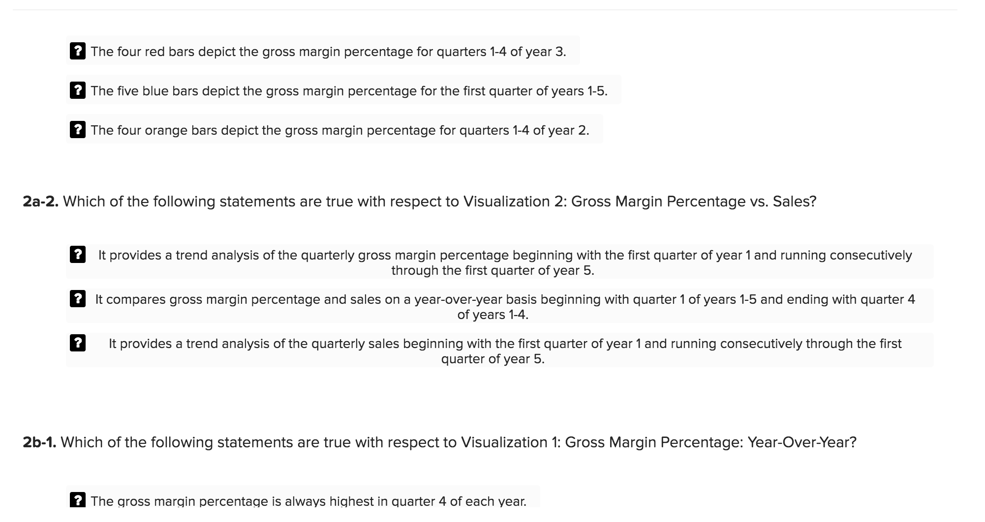 based on 17 quarters of financial data. The visualizations are grouped into