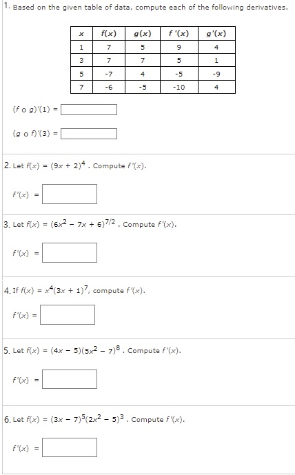  1. Based on the given table of data, compute each of