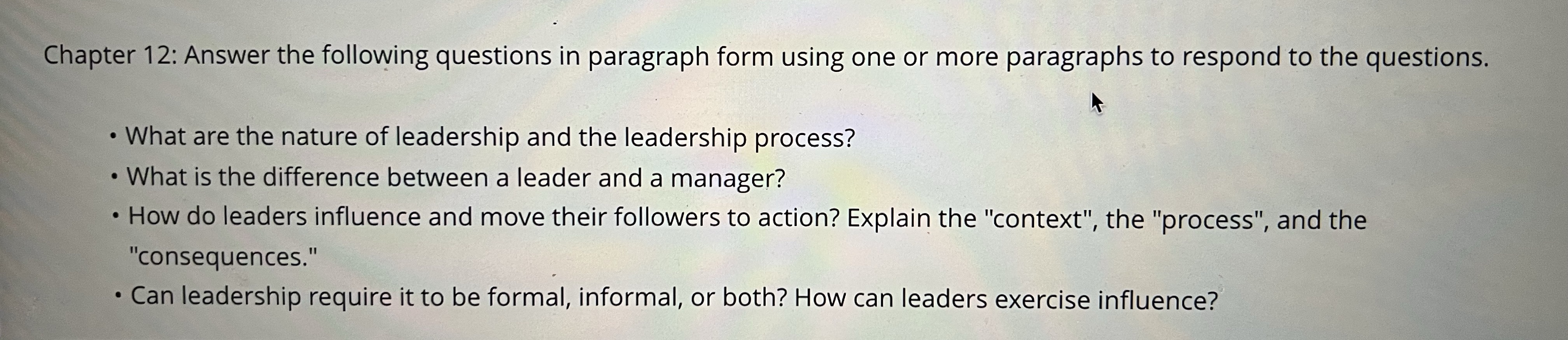 Chapter 12: Answer the following questions in paragraph form using one