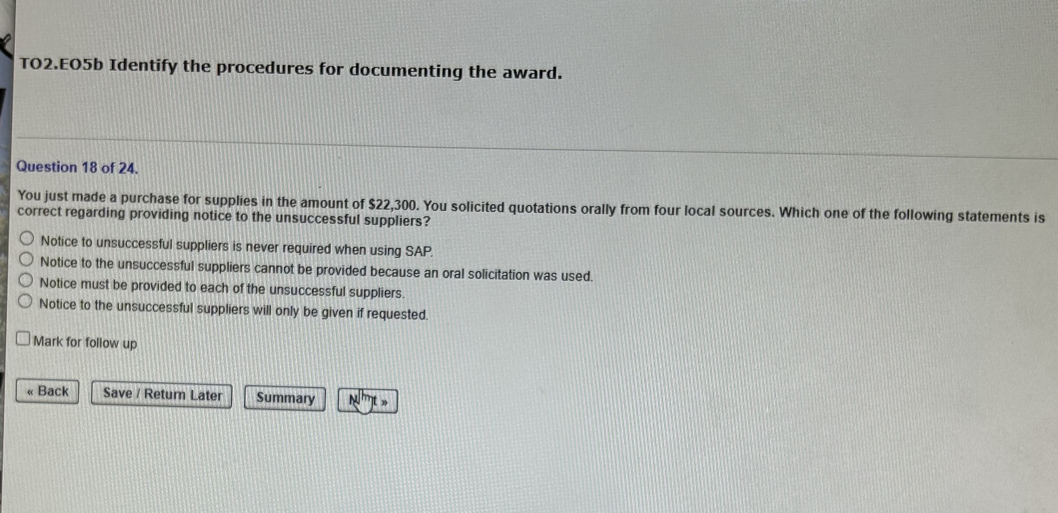  TO2.E05b Identify the procedures for documenting the award. Question 18 of