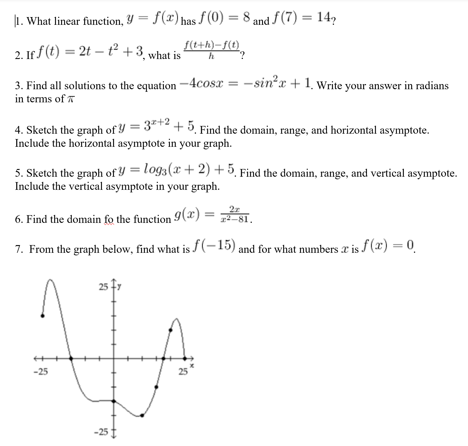 1. What linear function, y = f(X) has f (0) =