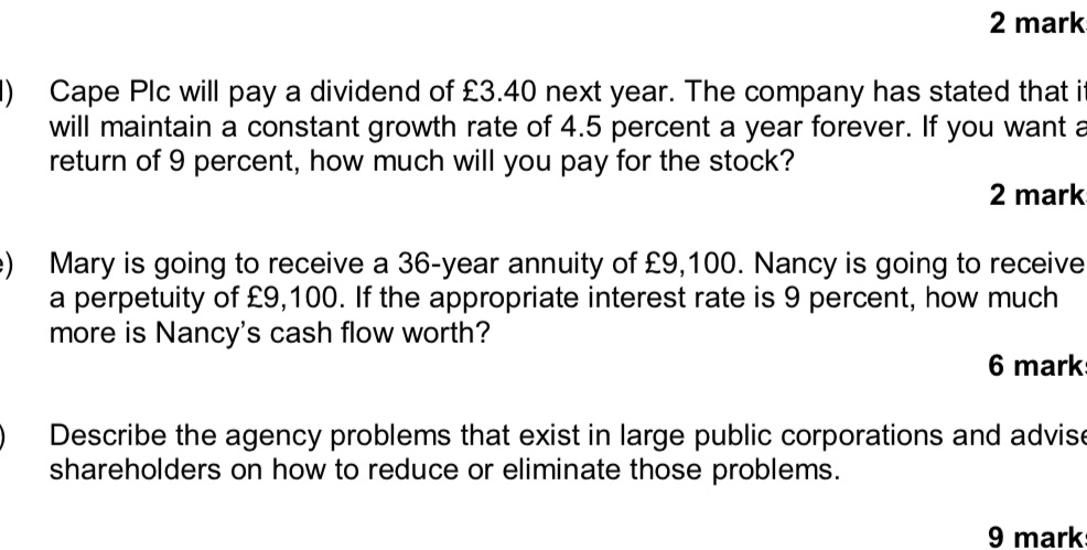 2 mark. Cape Plc will pay a dividend of 3.40 next