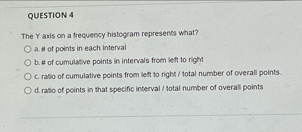  QUESTION 4 The Y axis on a frequency histogram represents what?