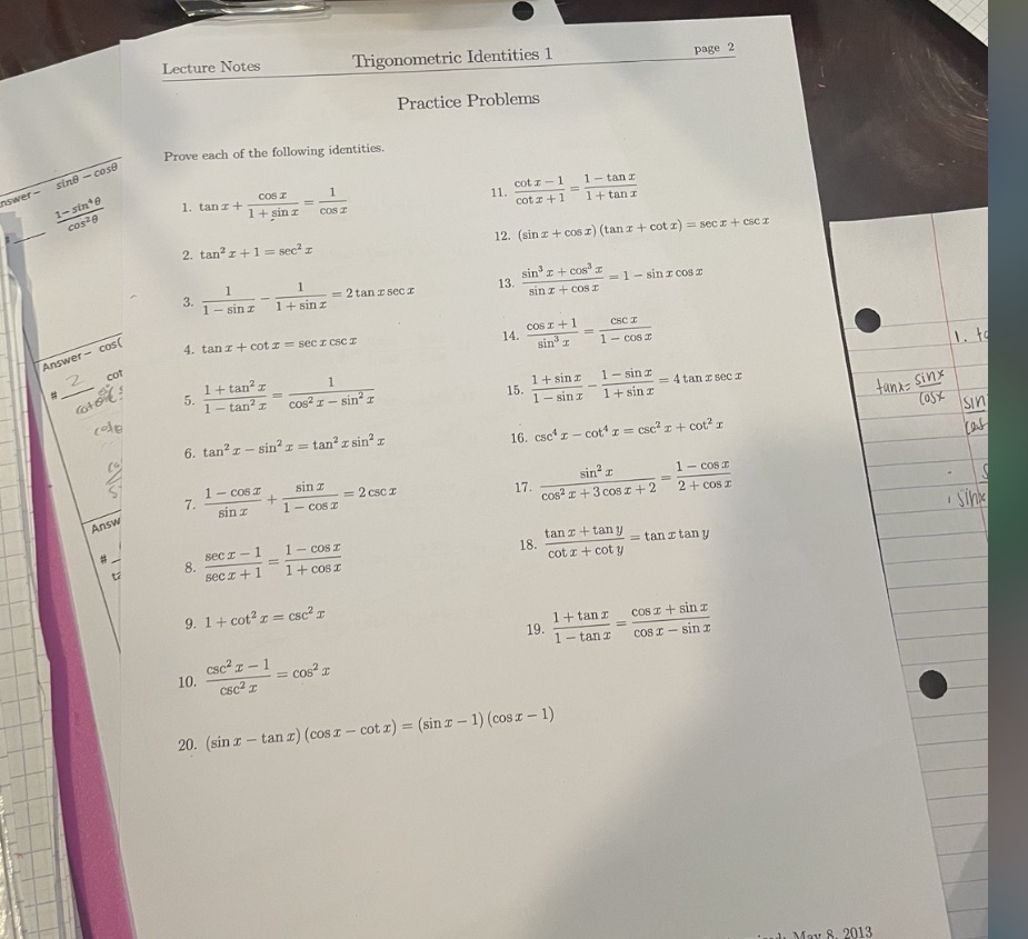 solve and show work for all Lecture Notes Trigonometric Identities 1 page