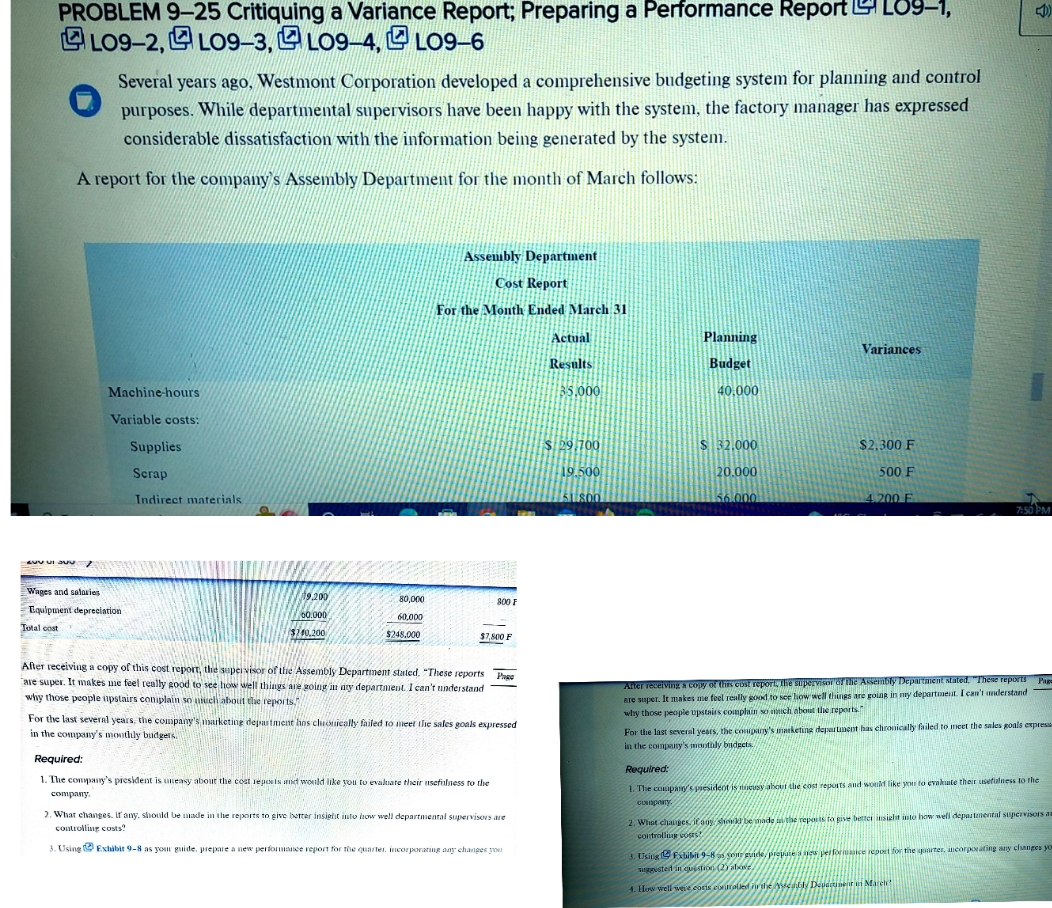 PROBLEM 9-25 Critiquing a Variance Report; Preparing a Performance Report S