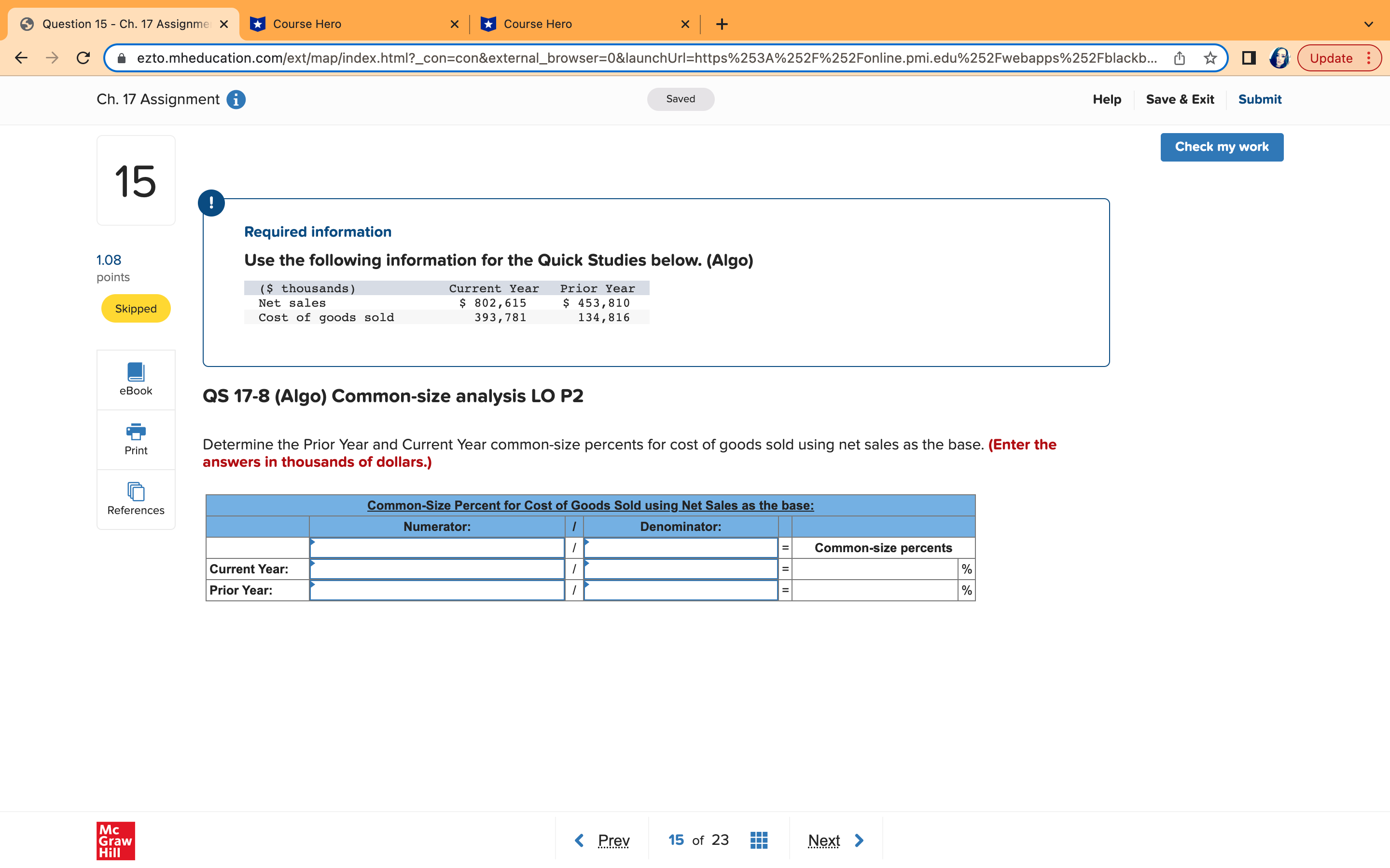  Question 15 - Ch. 17 Assignmel X Course Hero X Course