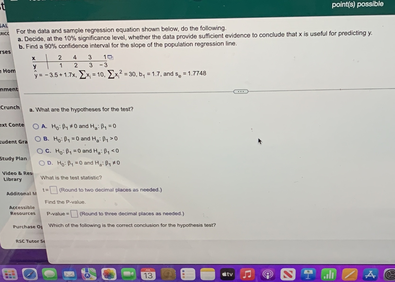  point(s) possible AL RICO For the data and sample regression equation