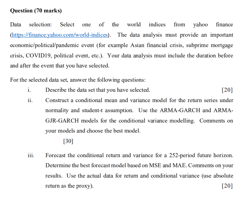  Question (70 marks) Data selection: Select one of the world indices