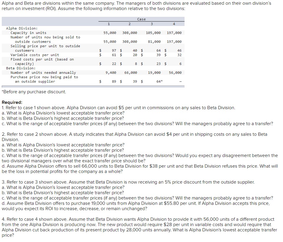 Alpha Division's lowest acceptable transfer price? b. What is Beta Division's highest