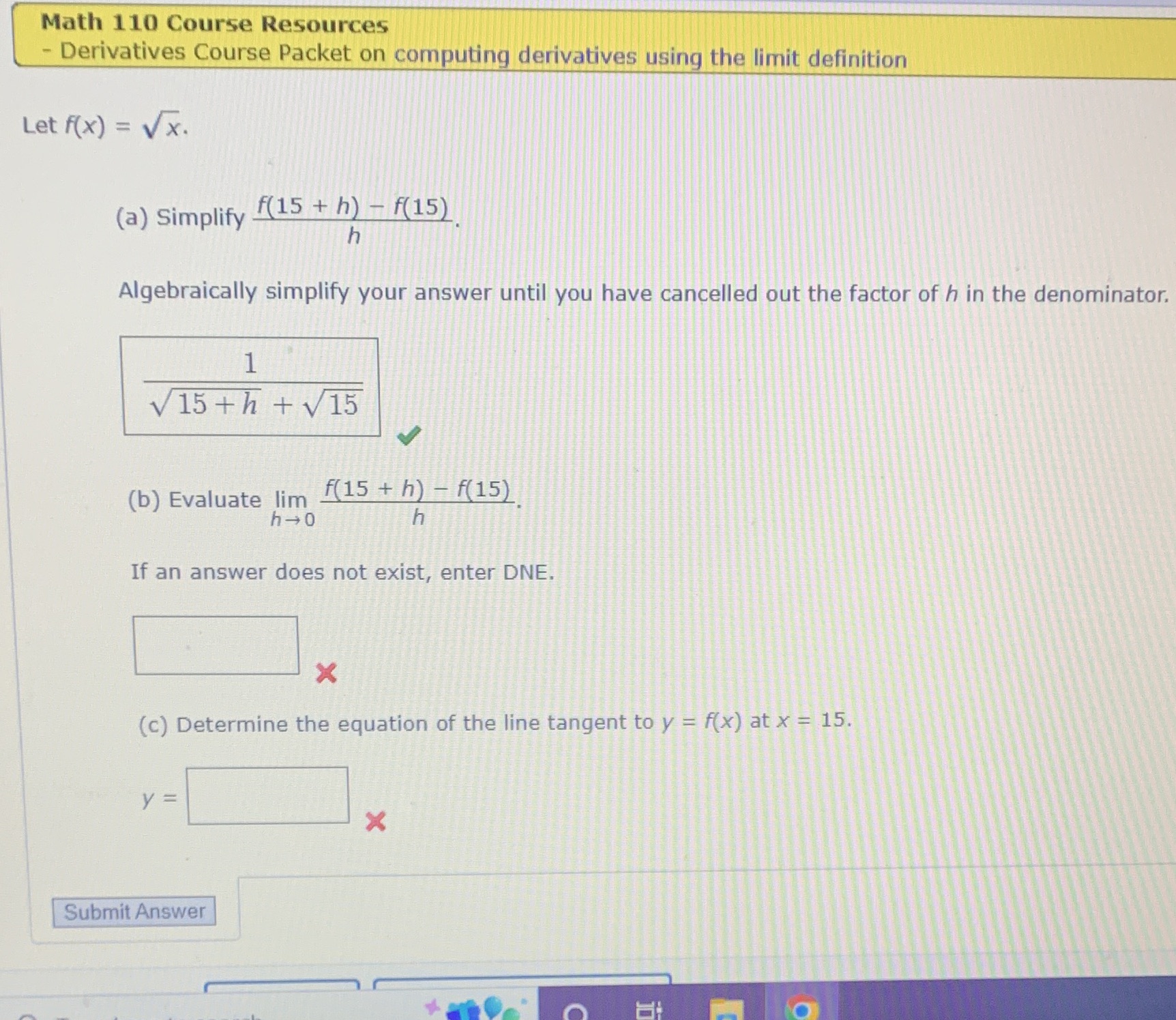  Math 110 Course Resources - Derivatives Course Packet on computing derivatives