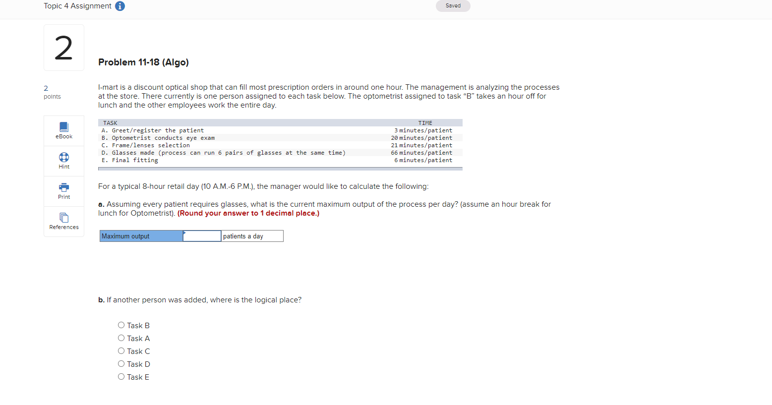  Topic 4 Assignment i Saved 2 Problem 11-18 (Algo) 2 I-mart