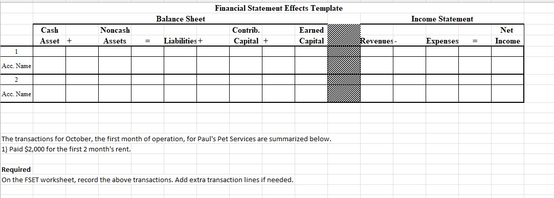Financial Statement Effects Template Balance Sheet Income Statement Cash Net Income