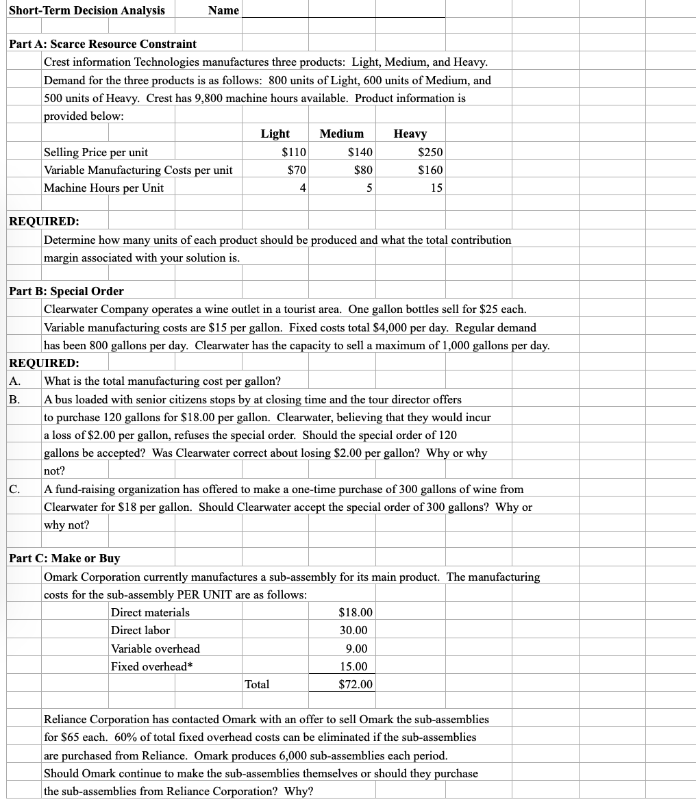 short term decision analysis incremental decision analysis Short-Tom Decision Analysis | Name