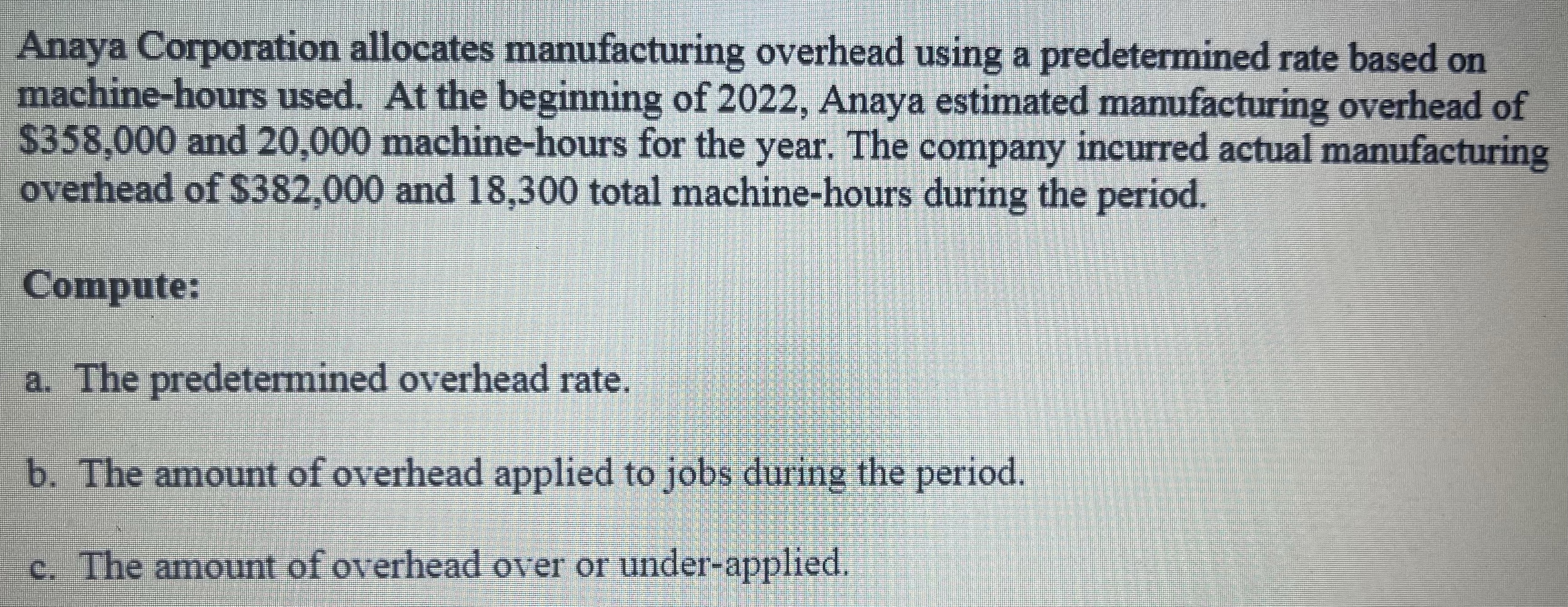  Anaya Corporation allocates manufacturing overhead using a predetermined rate based on