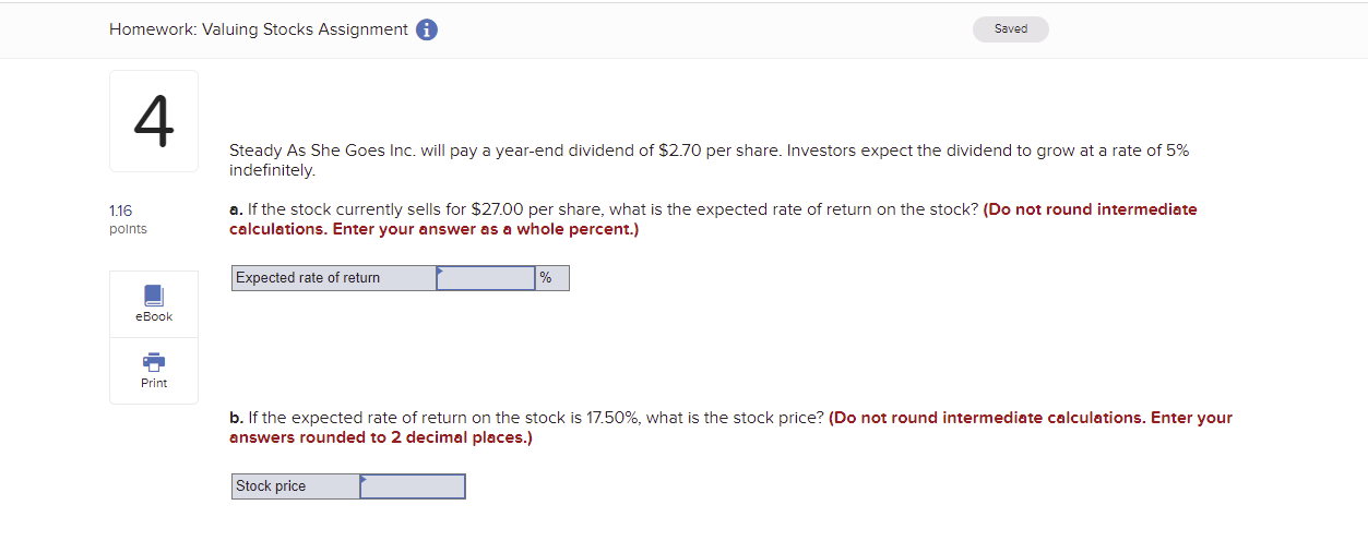 Need help with this Homework: Valuing Stocks Assignment Saved 4 Steady As