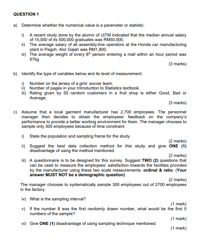  QUESTION 1 a) Determine whether the numerical value is a parameter