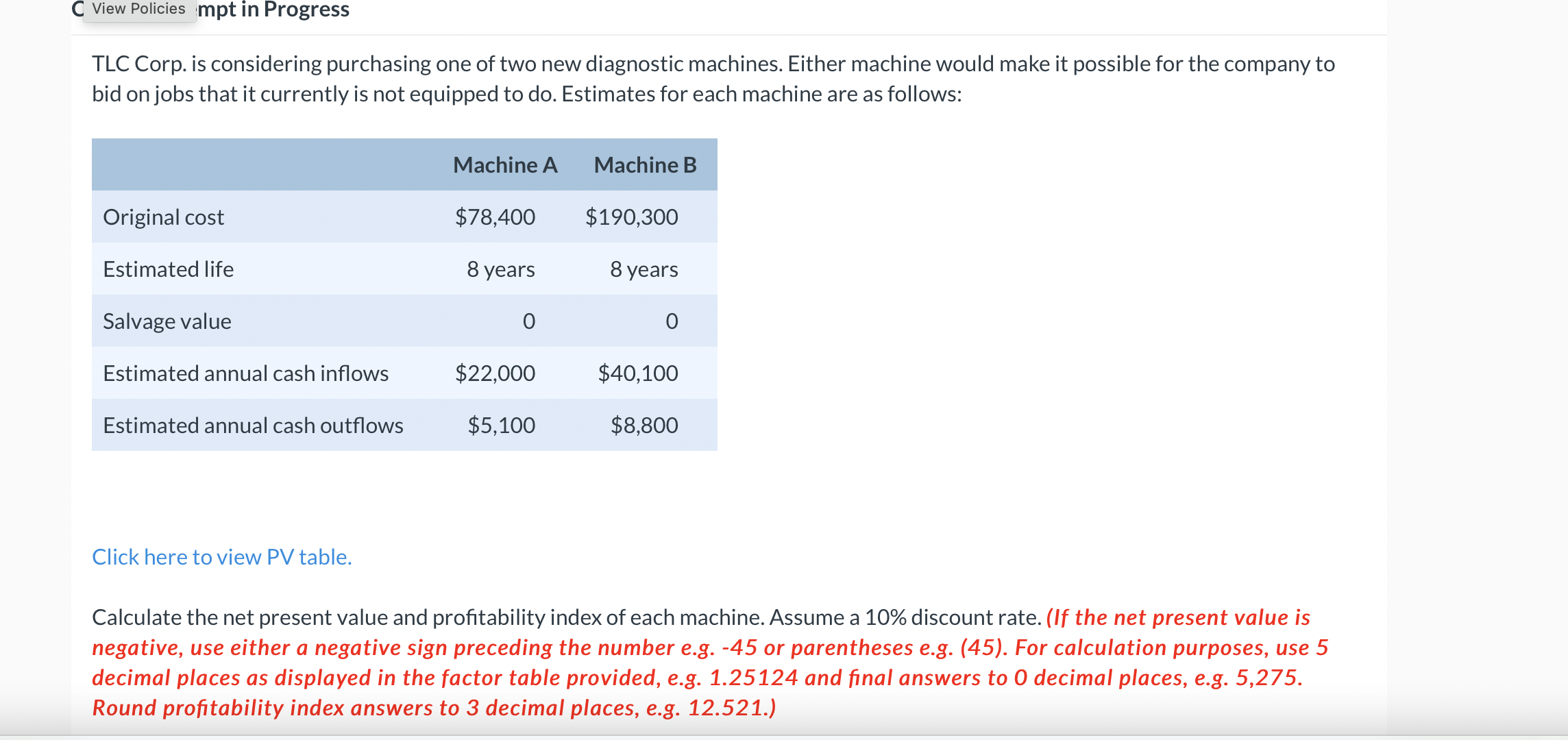  C View Policies mpt in Progress TLC Corp. is considering purchasing