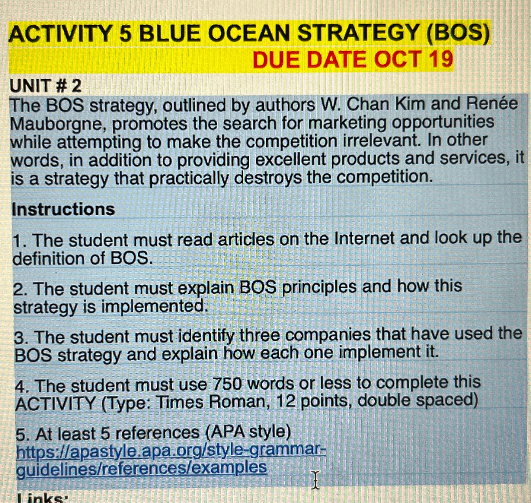  ACTIVITY 5 BLUE OCEAN STRATEGY (BOS) DUE DATE OCT 19 UNIT