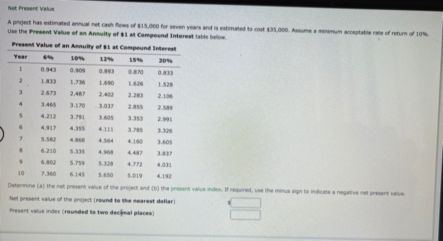 Need help with this question Net Present Value A project has estimated